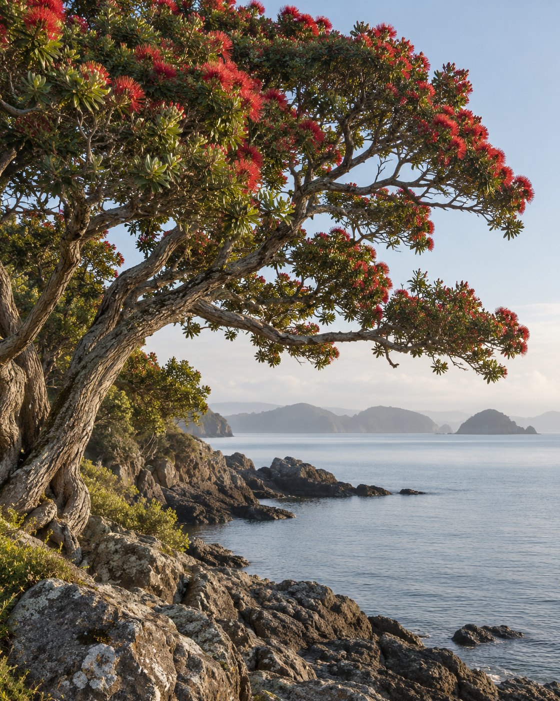 A flowering pōhutukawa tree over a calm New Zealand bay