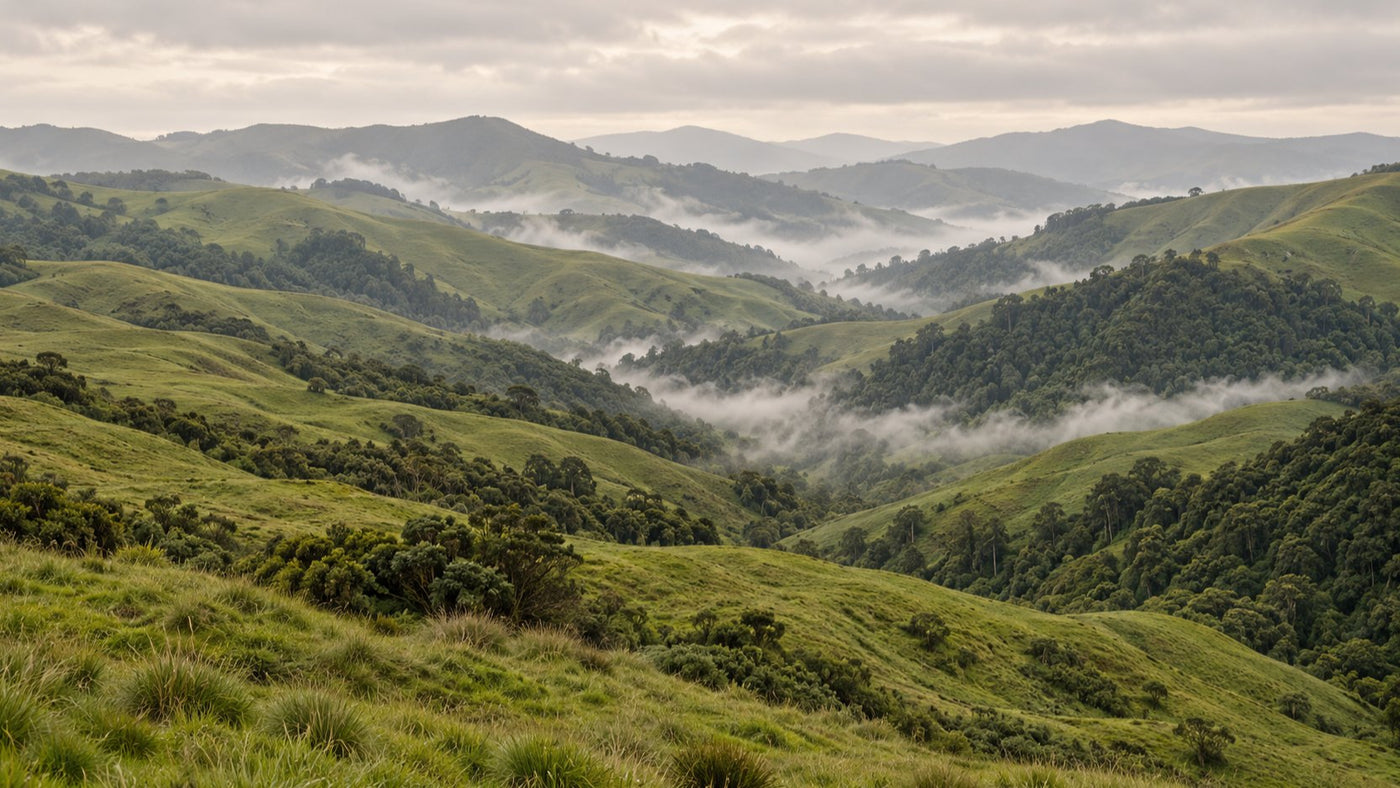 Green New Zealand hill country under low morning mist