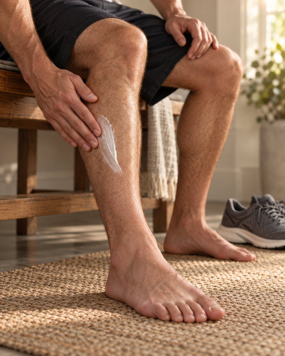 Smoothing YourZone cream onto the calf after a run