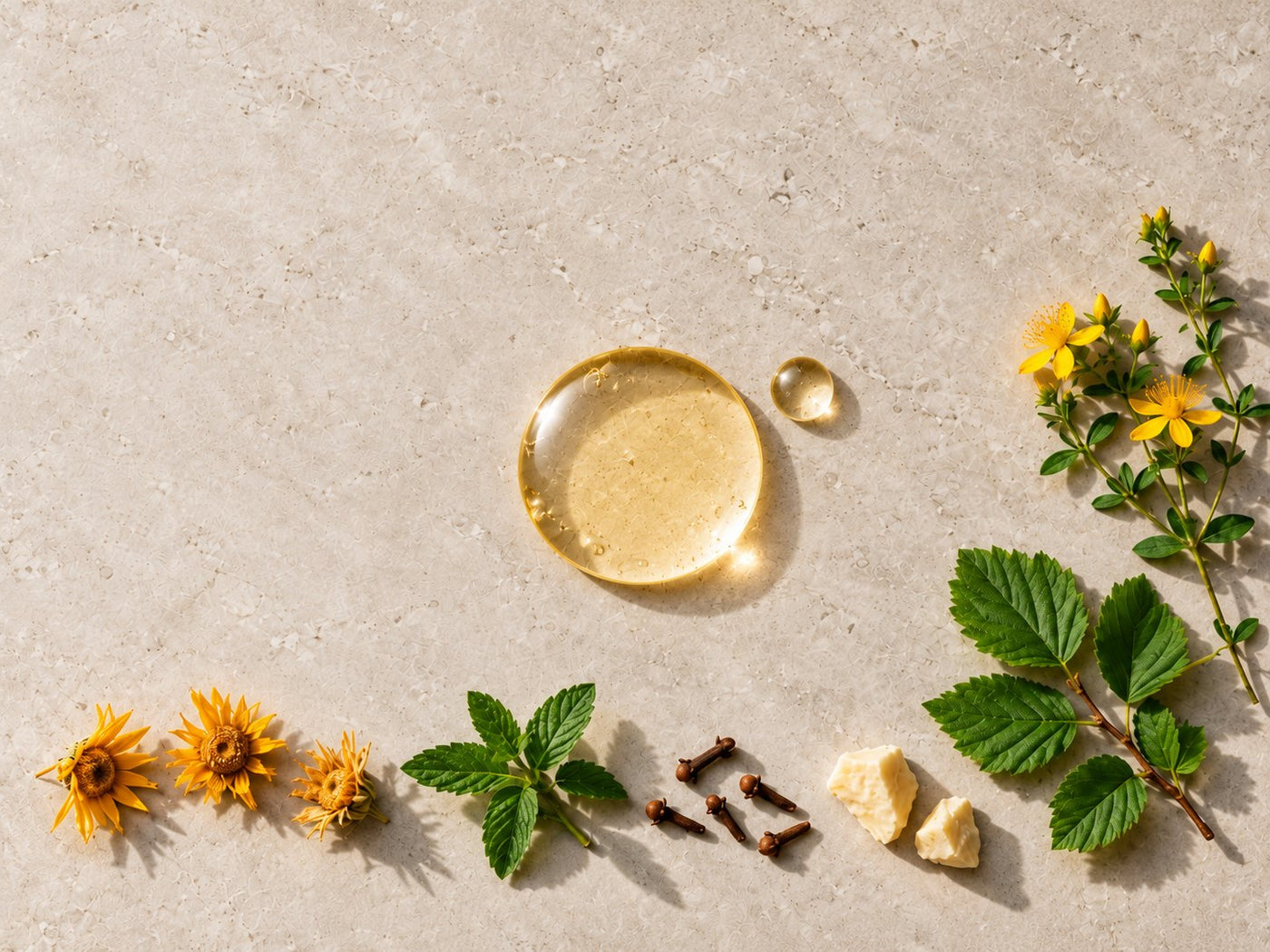 Arnica, St John's wort, spearmint, witch hazel, cloves and cocoa butter laid out on stone