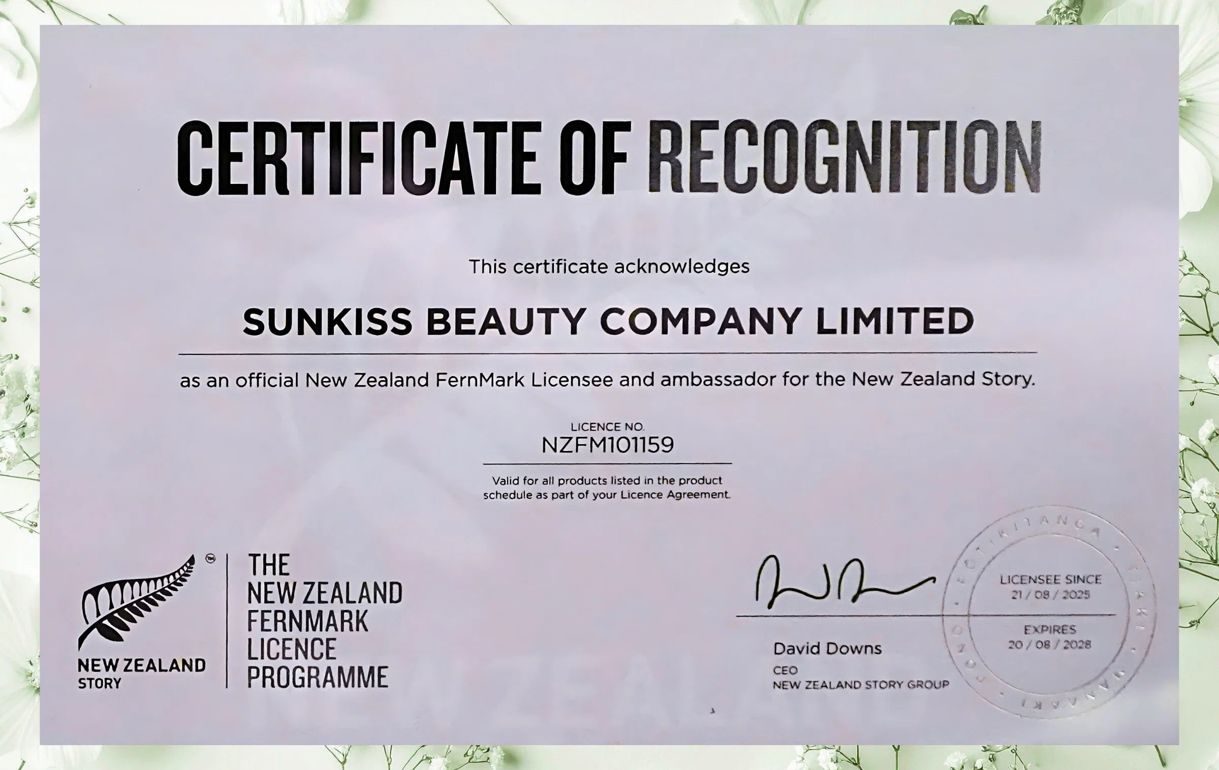 Sunkiss Beauty Company Limited New Zealand FernMark licence certificate